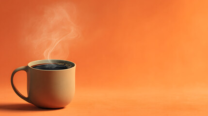 hot cup of coffee with rising steam set on an orange background providing a fresh modern layout
