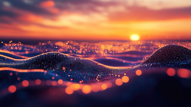 Abstract digital waves representing data flow at sunset