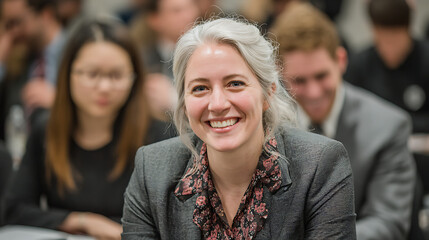 professional business woman in a formal suit smiling confidently while colleagues sit behind her showcasing leadership corporate culture teamwork and a productive office atmosphere