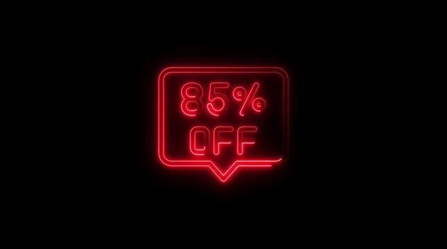 Red Neon 85 Percent Off Sale Discount Sign Glowing on Black Background Animated Motion Graphic eighty five percent off