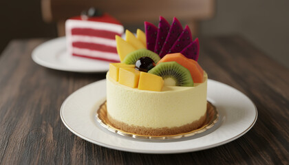 Elegant mousse cake decorated with fresh tropical fruits including kiwi, mango, and dragon fruit. Perfect for bakery menus, patisserie marketing, culinary blogs, and gourmet dessert portfolios