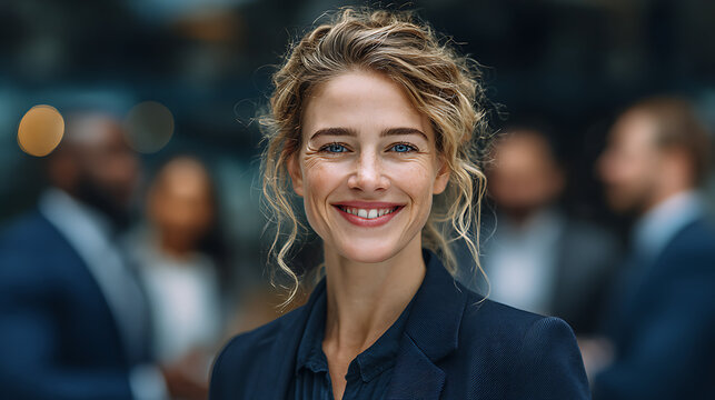 successful business woman in formal attire smiling at the camera with a blurred office meeting behind her symbolizing teamwork collaboration leadership and modern corporate lifestyle - Powered by Adobe