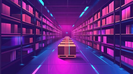 Futuristic purple warehouse interior with automated production line