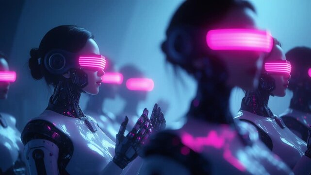 Video of young female androids in neon-lit visors glowing with pink and purple in sci-fi setting
