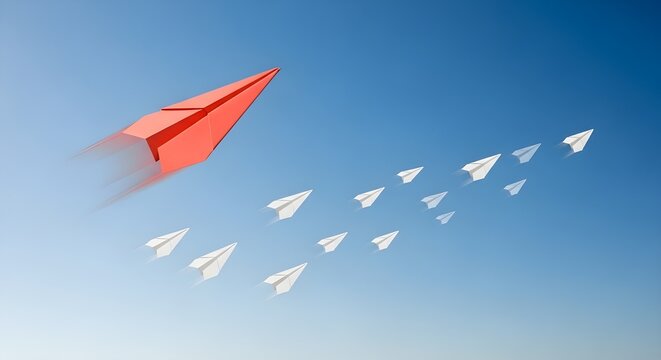 Ilustraci&oacute;n 3D del concepto de negocio de &eacute;xito de liderazgo papel de cohete volar sobre fondo de color cohete de plomo se destacan de otros seguidores de cohetes de papel