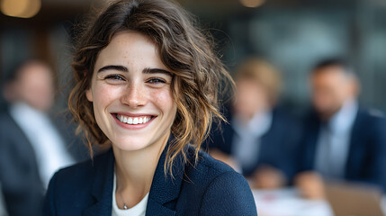 successful business woman in formal attire smiling at the camera with a blurred office meeting behind her symbolizing teamwork collaboration leadership and modern corporate lifestyle