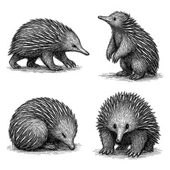 Echidna sketches in detailed vintage engraving style, Transparent Background
