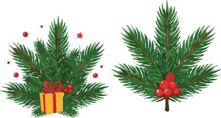Festive Christmas pine branch illustration with red berries, holiday gift decoration, evergreen foliage artwork isolated on white background for seasonal design