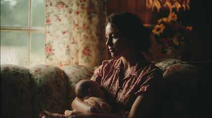 mother holding her baby while sitting on a couch capturing a heartfelt scene of affection parenting closeness and comfort perfect for family oriented lifestyle