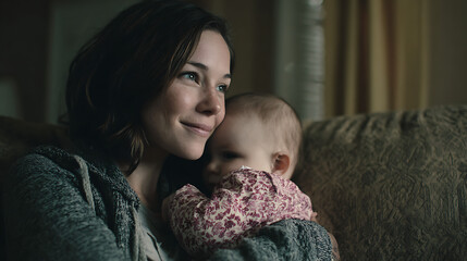 mother holding her baby while sitting on a couch capturing a heartfelt scene of affection parenting closeness and comfort perfect for family oriented lifestyle