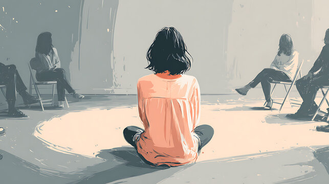woman attending a counseling circle meeting with three people in the background in a serene indoor space promoting mindfulness emotional well being open dialogue and compassionate support