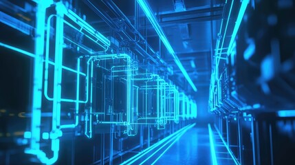 Futuristic server racks glowing in data center interior