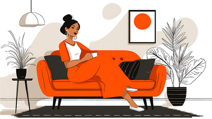 relaxed woman seated on a comfortable sofa at home in a bright living room capturing a soft lifestyle moment that reflects leisure warmth cozy interior design and everyday comfort