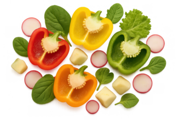 Red, yellow, orange, green bell peppers, radish slices, spinach leaves, and apple pieces for healthy eating preparation on transparent background