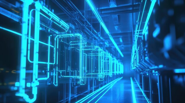 Futuristic server racks glowing in data center interior