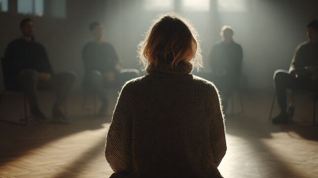 woman attending a counseling circle meeting with three people in the background in a serene indoor space promoting mindfulness emotional well being open dialogue and compassionate support