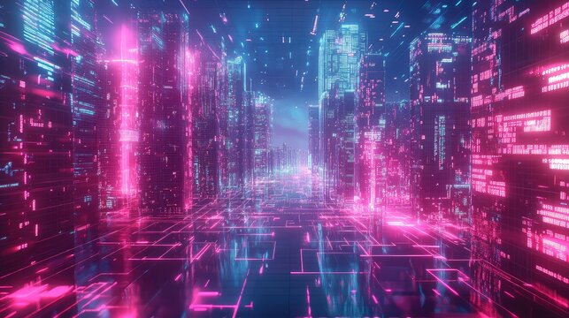 Futuristic cityscape with neon glowing cyber grid and buildings