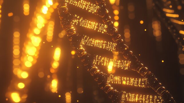 Glowing golden dna helix with digital data code background - Powered by Adobe