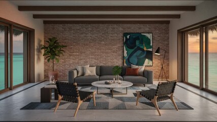 A beautifully designed interior living room with large windows showcasing a stunning ocean view at sunset. The modern furniture includes a comfortable sofa, stylish chairs, and elegant decor