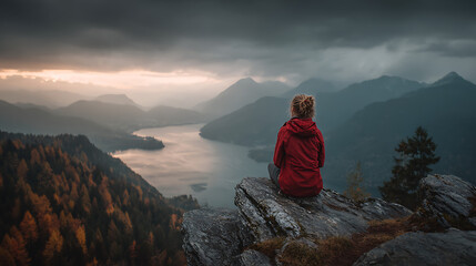 woman in red jacket sitting on a rock looking at mountains reflecting scenic landscape nature scene outdoor adventure travel lifestyle and relaxed casual mood