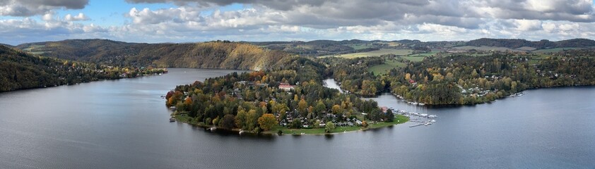 Obraz premium Slapy, Central Bohemia Czech Republic of Slapy Reservoir on the Vltava River with marina, yachts, houses and surrounding forest. 