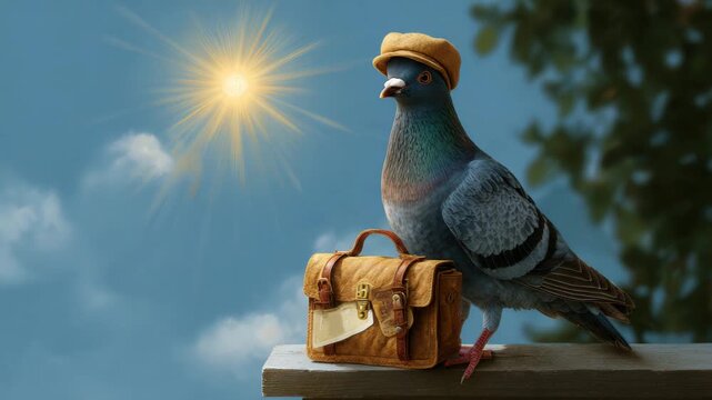 Dapper pigeon in flat cap with vintage satchel stands ready for adventure under bright sunlit sky