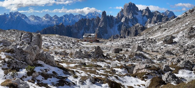 The Dolomites, famous picturesque landscape of Dolomite Mountains, Dolomite Alps or Dolomitic Alps, mountain range in northeastern Italy, South Tyrol region. Italian Dolomites Cadini di Misurina group