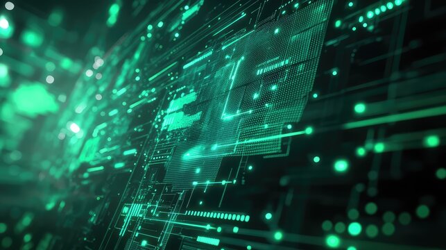 Digital circuit board with glowing data lines representing technology