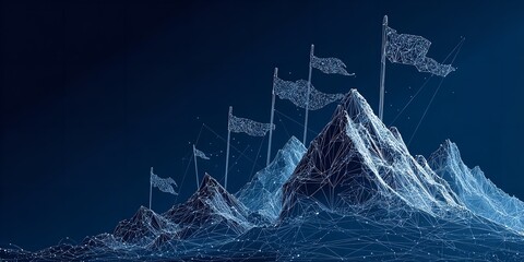 Digital rendering of mountain peaks with flags representing success and achievement in a futuristic minimalist blue color scheme