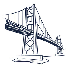 A stylized graphic illustration of a suspension bridge with bold dark blue lines against a white background showcasing its iconic structure and architectural design