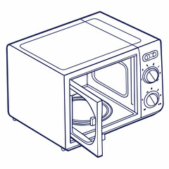 An isometric line drawing of a modern kitchen microwave oven with its door open revealing the interior turntable and control knobs on the side