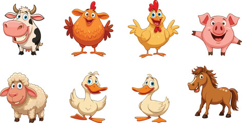 Obraz premium Cute cartoon farm animals collection featuring cow, chicken, pig, sheep, duck, and horse characters in colorful vector illustration for kids