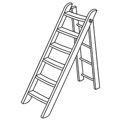 A simple black and white line drawing illustration of a wooden stepladder with multiple rungs on a white background