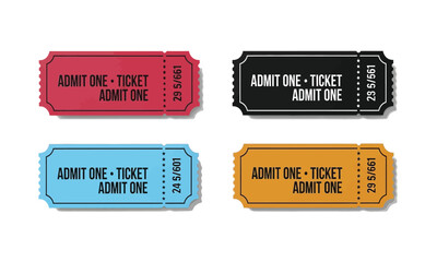 Collection of four retro-style admission tickets in different colors and designs, each reading 'Admit One Ticket'