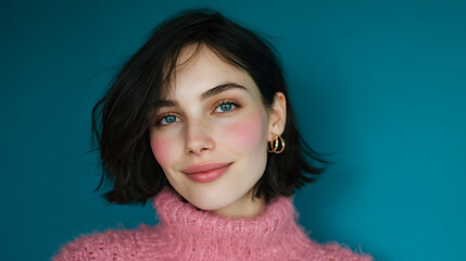 smiling female with dark hair wearing a pink sweater young woman expressing happy casual style cozy clothing and cheerful modern lifestyle indoors