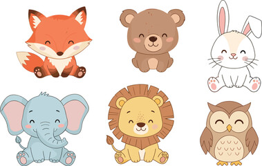Cute cartoon baby animals illustration featuring fox, bear, rabbit, elephant, lion, and owl in pastel colors on clean white background