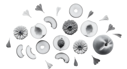 Freshly Sliced Peaches and Petals Arranged Artfully in a Flat Lay Composition