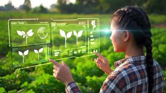 Woman using augmented reality in a field to manage crops, trees and plants in a field, with bright green data