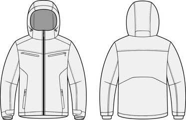 Technical vector illustration of outdoor hooded jacket featuring detailed front and back construction, zipper pockets, panel seams, adjustable cuffs, and functional design elements