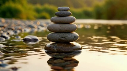 Stacked stones in a tranquil river with water ripples creating a sense of balance and harmony