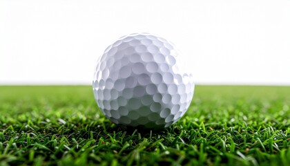 Obraz premium Close-up of a white golf ball sitting on vibrant green grass, against a blurred white background.