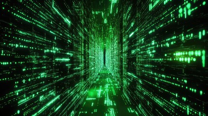 Green digital data stream flowing through cyberspace tunnel