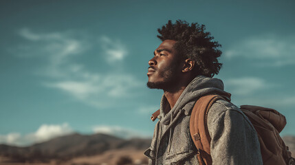 african american young man carrying a backpack outdoors reflecting modern street fashion casual outfit active lifestyle and confident relaxed mood