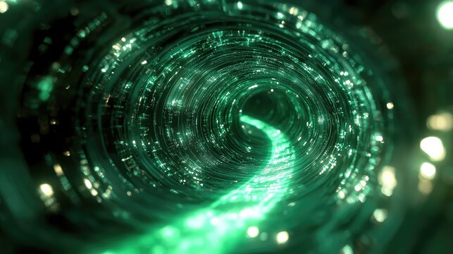 Data flowing through green fiber optic network tunnel