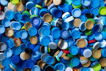 Close up plastic bottles caps for recycling to conserve the environment, recycling, reuse, garbage disposal, save the world concept.