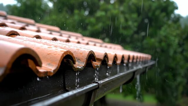 roof tile clay eave and gutter channel water in rain. drip and raindrop create steady runoff along metal edge and gutter. close shot of wet mortar and pool water. outdoor roofline detail captured.