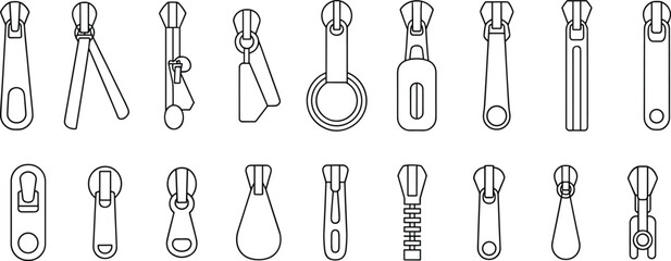 Vector illustration set of diverse zipper puller designs showing detailed garment accessory variations for fashion design, clothing templates, and sewing references © Ideasy Mind