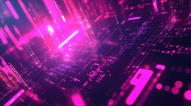 Digital circuit board with glowing neon pink data lines