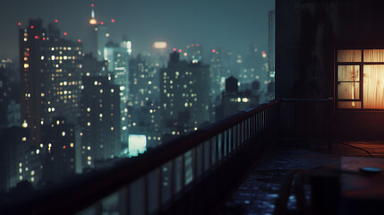 Moody night time city skyline view from a rooftop balcony with warm window light.