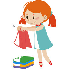 Young Girl With Red Pigtails Folding Laundry On A Transparent Background